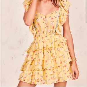 Loveshackfancy Phyllis tiered ruffle flutter sleeve mini dress yellow floral